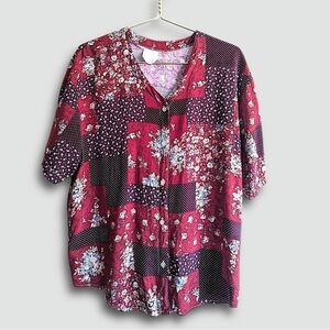 Vintage Boho Handkerchief Patchwork Ditzy Button Up Burgundy Floral Blouse Top